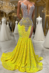 Round neck Silver Beaded Mermaid Yellow Sequin Semi Formal Prom Dresses